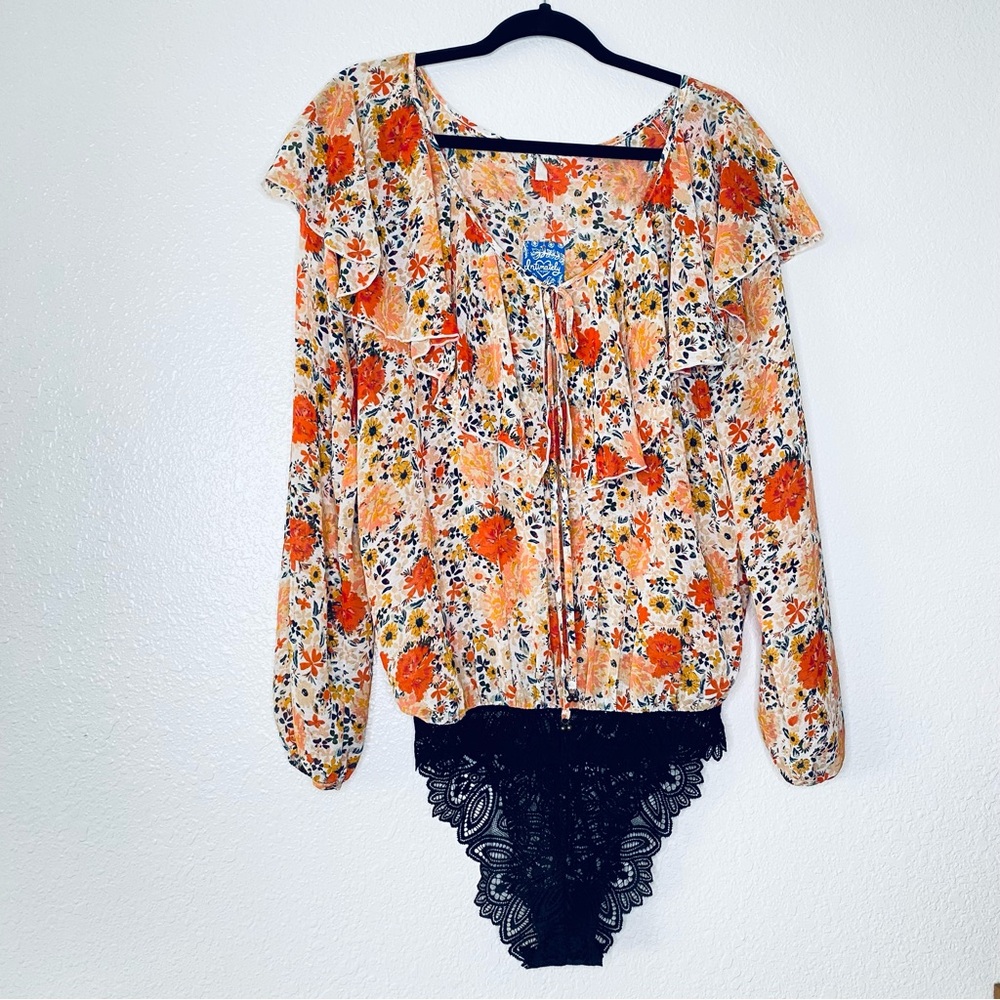 Intimately Free People NEW Say It To Me Floral Ruffle Tie Front Bodysuit Medium